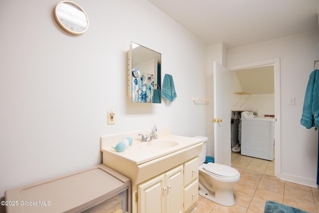 56 Boulevard, Queensbury, NY 12804 - full bath featuring washer and clothes dryer, vanity, tile patterned flooring, and toilet