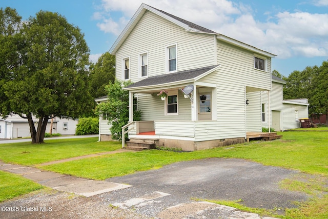 56 Boulevard, Queensbury, NY 12804 - view of front of property with covered porch, a front yard, crawl space, and a shingled roof