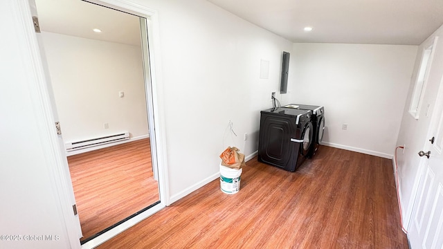 27 Major Dickinson Ave, Stillwater, NY 12170 - laundry room featuring a baseboard radiator, washing machine and clothes dryer, wood finished floors, baseboards, and recessed lighting
