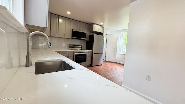 27 Major Dickinson Ave, Stillwater, NY 12170 - kitchen with stainless steel appliances, a sink, gray cabinetry, backsplash, and light stone countertops