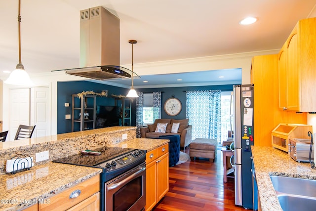 16 Dinu Dr, Warrensburg, NY 12885 - kitchen featuring stainless steel electric range oven, island exhaust hood, ornamental molding, open floor plan, and dark wood-type flooring