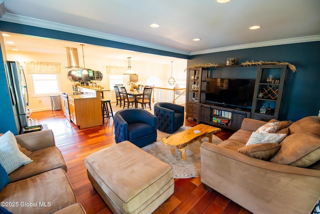 16 Dinu Dr, Warrensburg, NY 12885 - living room featuring ornamental molding, wood finished floors, and recessed lighting