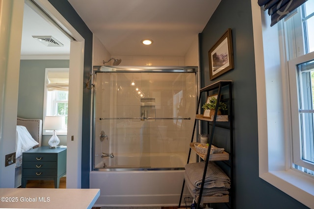 95 Jordan Blvd, Bethlehem, NY 12054 - full bath with enclosed tub / shower combo, ornamental molding, recessed lighting, and vanity