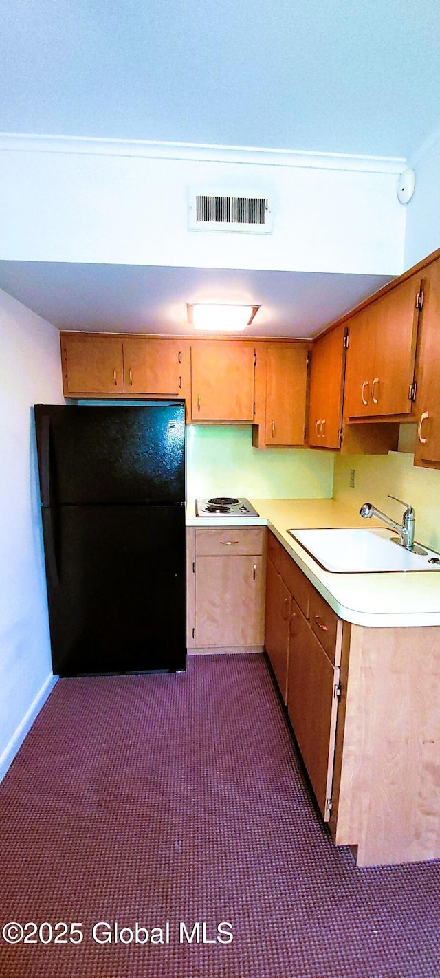 22 E Rd, Brunswick, NY 12180 - kitchen featuring freestanding refrigerator, a sink, dark carpet, and electric cooktop