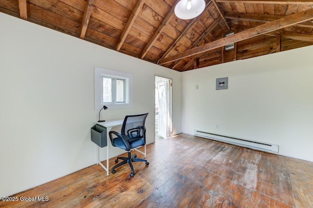 3956 Rte 9 W, Saugerties, NY 12477 - unfurnished office with baseboard heating, wooden ceiling, wood-type flooring, and electric panel