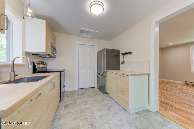 3956 Rte 9 W, Saugerties, NY 12477 - kitchen with stainless steel appliances, a sink, wooden counters, tasteful backsplash, and a baseboard radiator