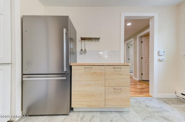 3956 Rte 9 W, Saugerties, NY 12477 - kitchen with freestanding refrigerator, tasteful backsplash, butcher block countertops, modern cabinets, and baseboards
