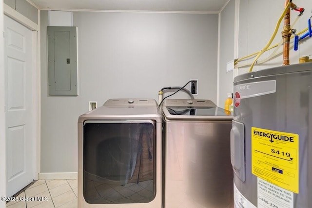 3956 Rte 9 W, Saugerties, NY 12477 - laundry area with electric panel, water heater, washing machine and dryer, light tile patterned floors, and baseboards