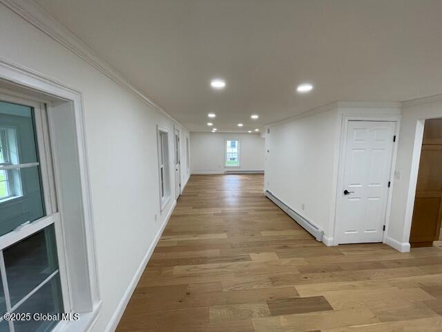 3916 State Highway 2, Brunswick, NY 12180 - hallway featuring crown molding, recessed lighting, baseboards, and light wood-style flooring