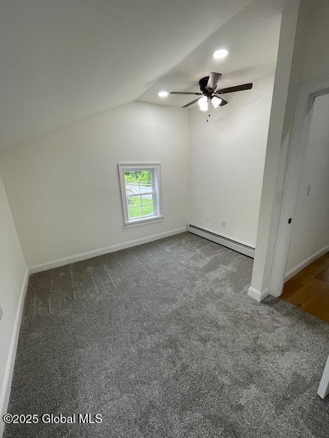 3916 State Highway 2, Brunswick, NY 12180 - carpeted spare room with baseboard heating, ceiling fan, baseboards, lofted ceiling, and recessed lighting