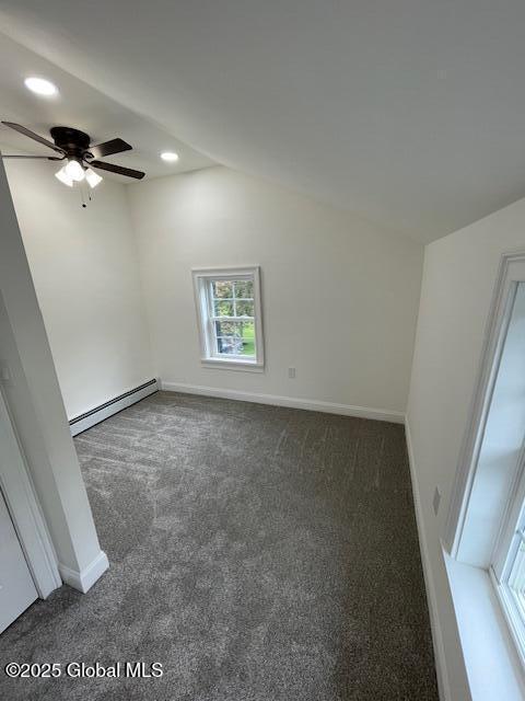 3916 State Highway 2, Brunswick, NY 12180 - empty room with baseboard heating, carpet floors, lofted ceiling, ceiling fan, and recessed lighting