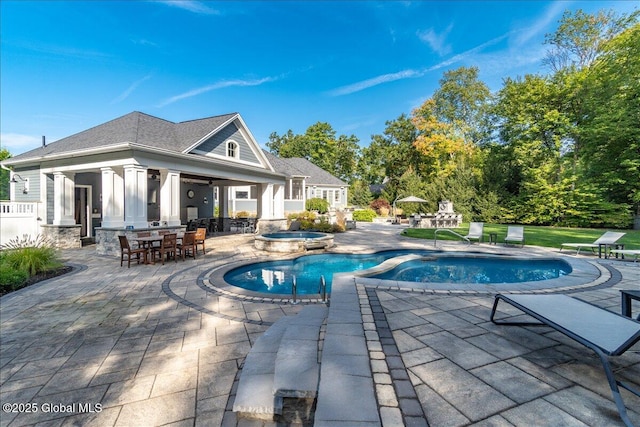 18 Rose Ter, Wilton, NY 12866 - swimming pool with an in-ground hot tub, a patio, exterior bar, and a ceiling fan