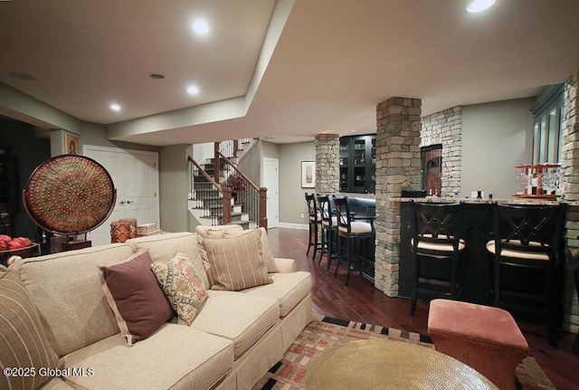 18 Rose Ter, Wilton, NY 12866 - living room featuring a bar, wood finished floors, stairs, baseboards, and recessed lighting