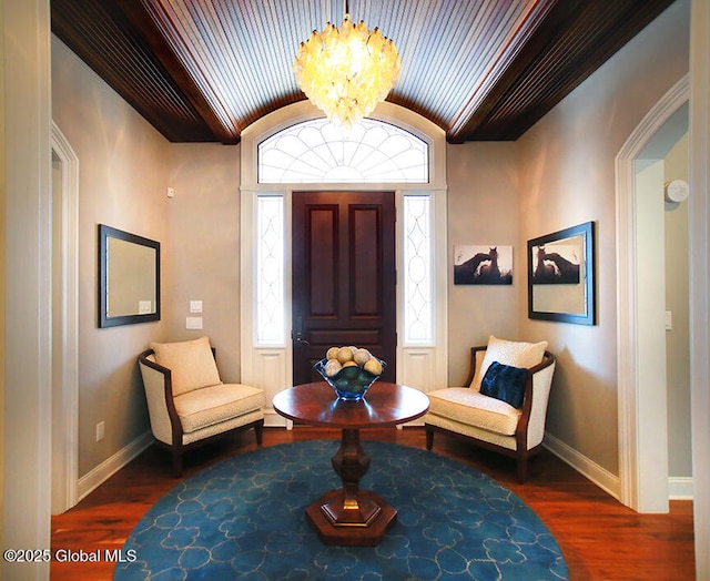 18 Rose Ter, Wilton, NY 12866 - entryway with baseboards, lofted ceiling, a chandelier, dark wood-style floors, and wooden ceiling
