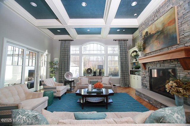 18 Rose Ter, Wilton, NY 12866 - living room with crown molding, a stone fireplace, wood finished floors, beam ceiling, and coffered ceiling