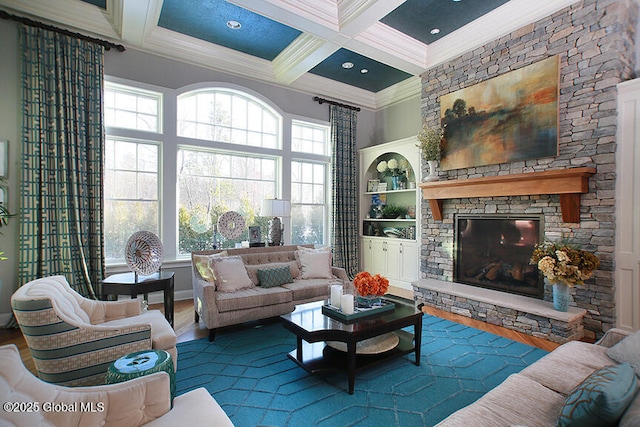 18 Rose Ter, Wilton, NY 12866 - living area featuring wood finished floors, ornamental molding, beam ceiling, healthy amount of natural light, and coffered ceiling