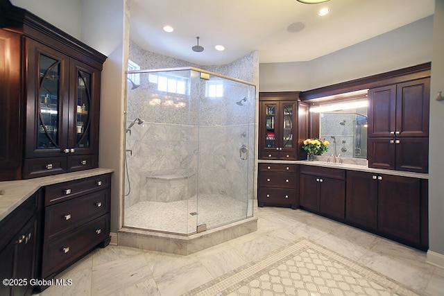 18 Rose Ter, Wilton, NY 12866 - bathroom featuring vanity, a shower stall, marble finish flooring, and recessed lighting
