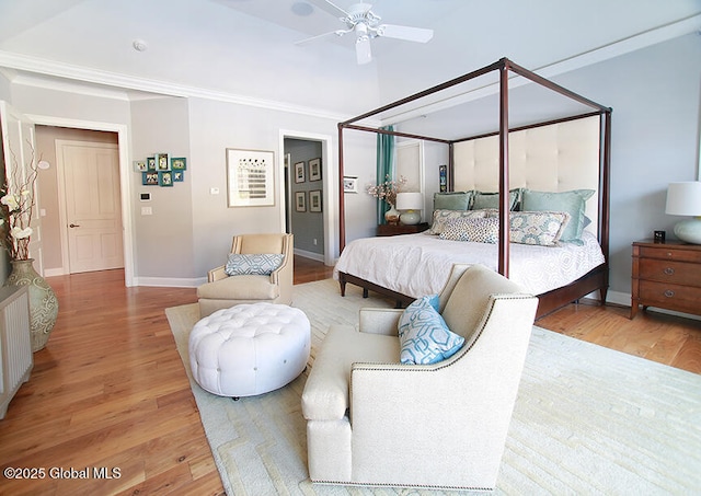 18 Rose Ter, Wilton, NY 12866 - bedroom with light wood finished floors, baseboards, crown molding, and ceiling fan