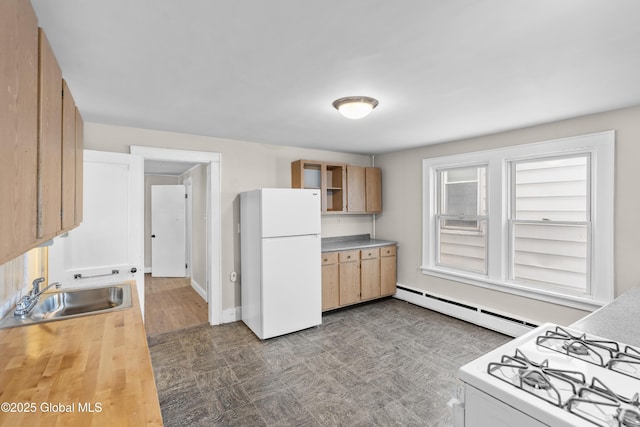 819 1st St, Rensselaer, NY 12144 - kitchen featuring white appliances, a baseboard radiator, a sink, open shelves, and butcher block counters