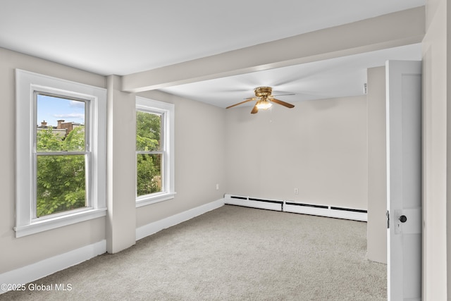 819 1st St, Rensselaer, NY 12144 - carpeted empty room with a baseboard heating unit, a ceiling fan, and baseboards