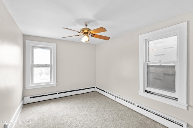 819 1st St, Rensselaer, NY 12144 - carpeted empty room with a ceiling fan, a baseboard heating unit, and baseboards