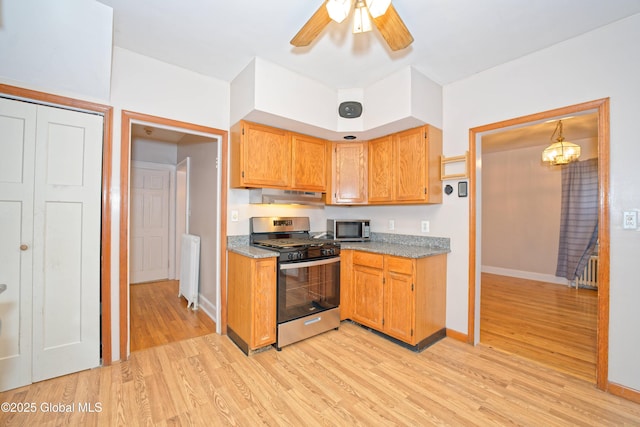 1013 Washington Ave, Albany, NY 12206 - kitchen featuring appliances with stainless steel finishes, under cabinet range hood, light wood-style flooring, ceiling fan, and baseboards