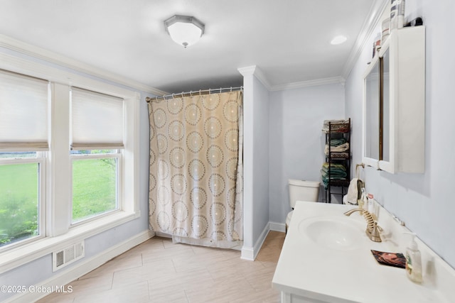 1022 State Route 29, Greenwich, NY 12834 - full bath featuring crown molding, baseboards, vanity, toilet, and a shower with curtain