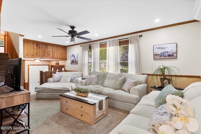 617 Cindy Ln, Ballston, NY 12020 - living area featuring recessed lighting, stairway, ceiling fan, light carpet, and crown molding