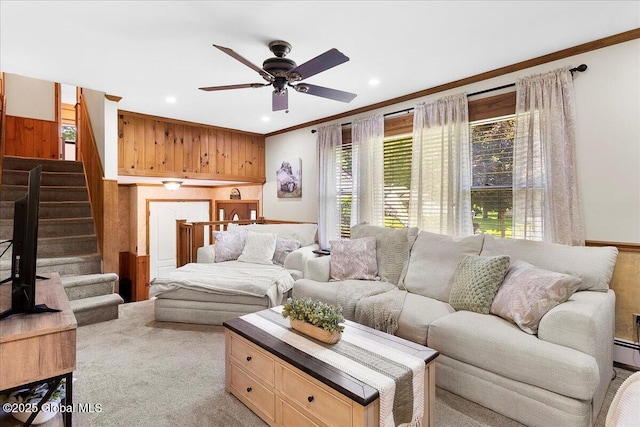 617 Cindy Ln, Ballston, NY 12020 - living area with ceiling fan, recessed lighting, stairway, crown molding, and baseboard heating