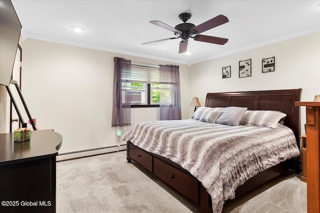 617 Cindy Ln, Ballston, NY 12020 - bedroom featuring a baseboard radiator, crown molding, light colored carpet, a ceiling fan, and recessed lighting