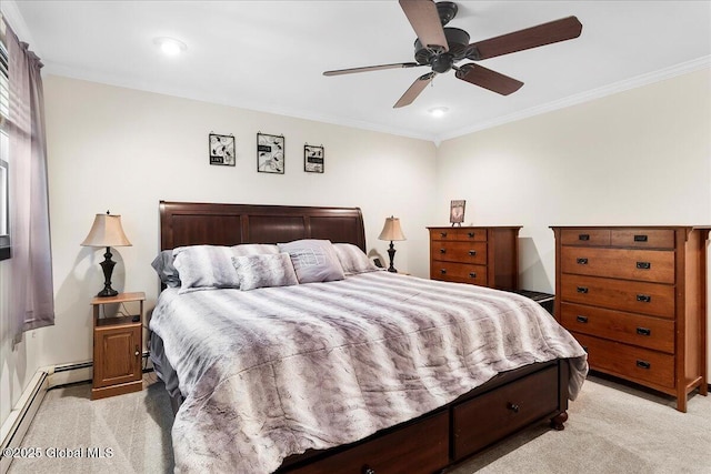 617 Cindy Ln, Ballston, NY 12020 - bedroom with light carpet, baseboard heating, crown molding, ceiling fan, and recessed lighting