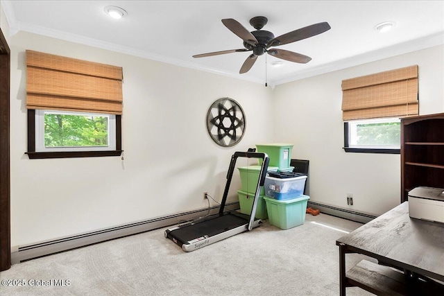617 Cindy Ln, Ballston, NY 12020 - workout area with baseboard heating, carpet, ornamental molding, and a ceiling fan
