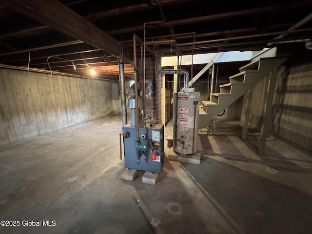 46 Elmhurst Ave, Albany, NY 12203 - unfinished below grade area featuring gas water heater, a heating unit, and stairs