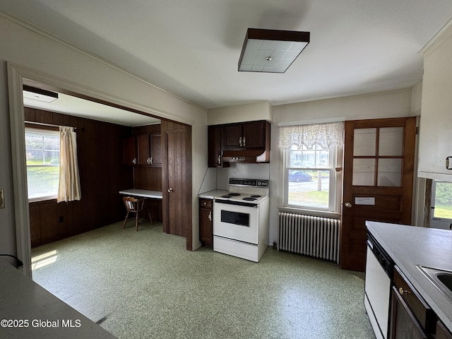 46 Elmhurst Ave, Albany, NY 12203 - kitchen with radiator heating unit, white appliances, under cabinet range hood, plenty of natural light, and wood walls