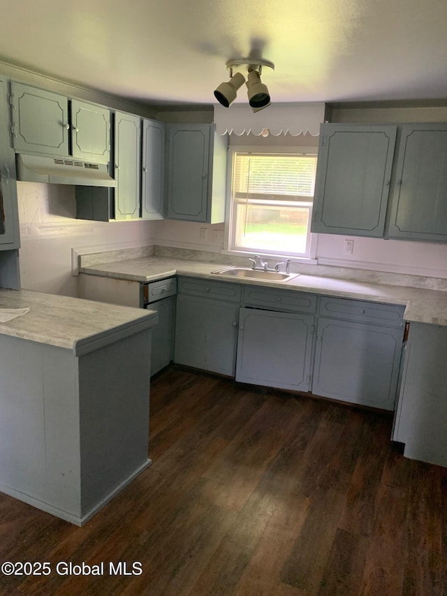 326 Middle Rd, Crown Point, NY 12928 - kitchen featuring a sink, under cabinet range hood, dark wood-type flooring, and light countertops