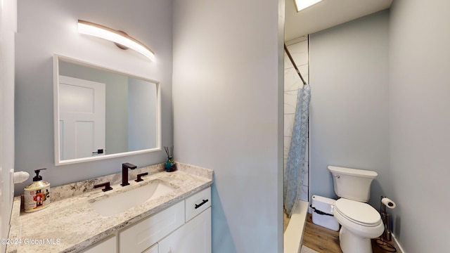 74 Dick Hyatt Ln, Whitehall, NY 12887 - full bath with vanity, toilet, a shower with shower curtain, and wood finished floors