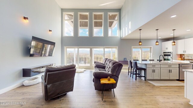 74 Dick Hyatt Ln, Whitehall, NY 12887 - living area with light wood-type flooring, recessed lighting, a towering ceiling, and baseboards