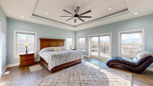 74 Dick Hyatt Ln, Whitehall, NY 12887 - bedroom featuring a tray ceiling, access to outside, wood finished floors, baseboards, and recessed lighting
