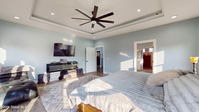 74 Dick Hyatt Ln, Whitehall, NY 12887 - bedroom with a raised ceiling, recessed lighting, wood finished floors, and ceiling fan