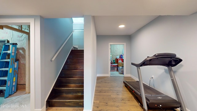 74 Dick Hyatt Ln, Whitehall, NY 12887 - staircase with wood finished floors, baseboards, and recessed lighting