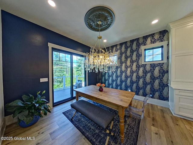 22 Burnham Rd, Wilton, NY 12831 - dining room with wallpapered walls, baseboards, light wood-style flooring, a chandelier, and recessed lighting