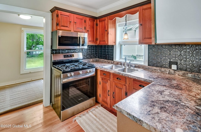 44 Hudson Ave, Bethlehem, NY 12054 - kitchen with appliances with stainless steel finishes, a sink, crown molding, decorative backsplash, and light wood-style flooring