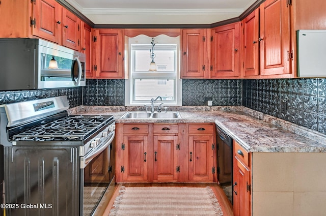 44 Hudson Ave, Bethlehem, NY 12054 - kitchen featuring stainless steel appliances, a sink, ornamental molding, brown cabinets, and tasteful backsplash