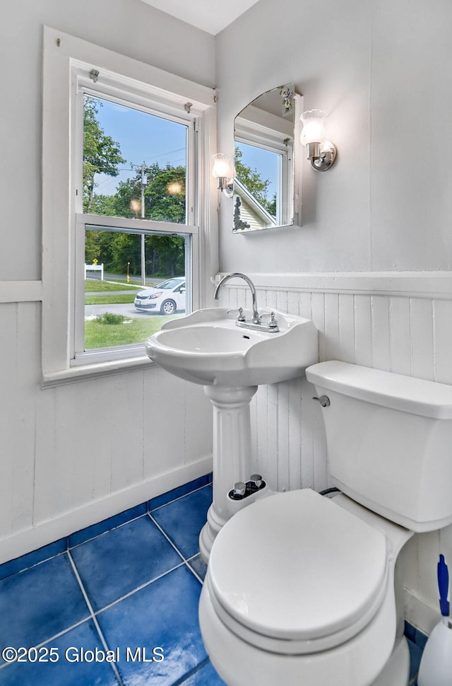 44 Hudson Ave, Bethlehem, NY 12054 - half bathroom with toilet, a wainscoted wall, healthy amount of natural light, and tile patterned floors