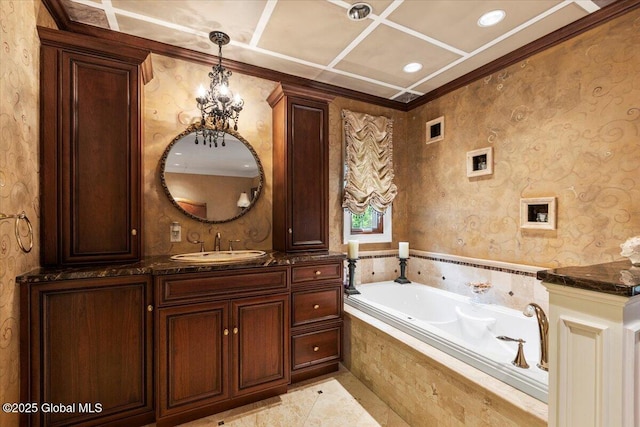1335 Stanley Ln, Niskayuna, NY 12309 - full bath with a bath, vanity, ornamental molding, and wallpapered walls