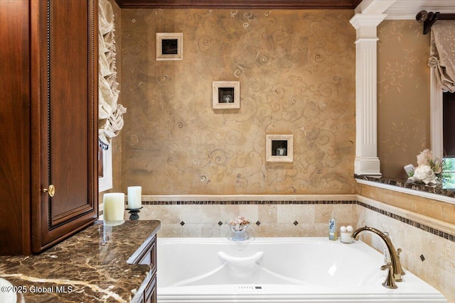 1335 Stanley Ln, Niskayuna, NY 12309 - full bathroom featuring ornate columns, a garden tub, and wallpapered walls