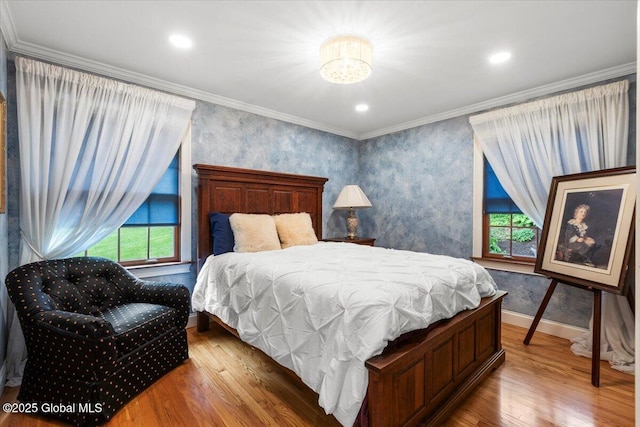 1335 Stanley Ln, Niskayuna, NY 12309 - bedroom with wood finished floors, a chandelier, crown molding, baseboards, and wallpapered walls