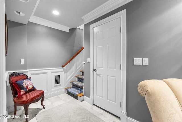 1335 Stanley Ln, Niskayuna, NY 12309 - sitting room with crown molding, stairs, and light colored carpet