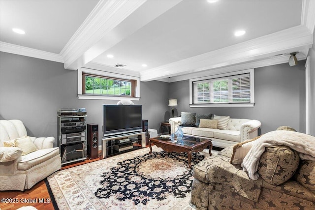 1335 Stanley Ln, Niskayuna, NY 12309 - living room featuring ornamental molding, wood finished floors, and recessed lighting