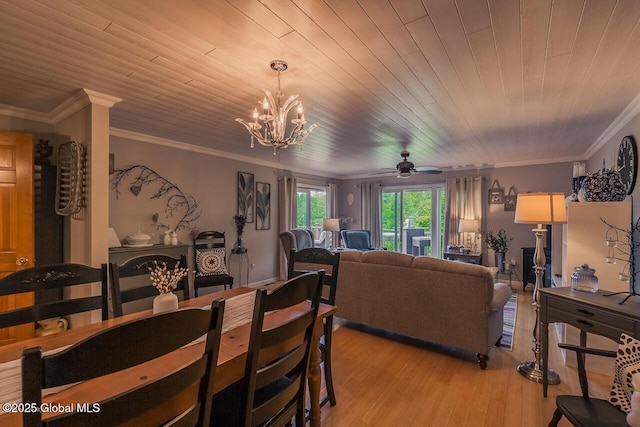 195 Country Club Ln, Fort Johnson, NY 12070 - dining area with a chandelier, light wood-style flooring, a ceiling fan, wooden ceiling, and crown molding